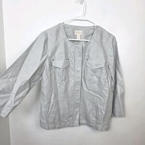 Chico's Silver 100% Linen 3/4 Sleeve Zip Up Quiet‎ Luxury Going Out Jacket Sz 8